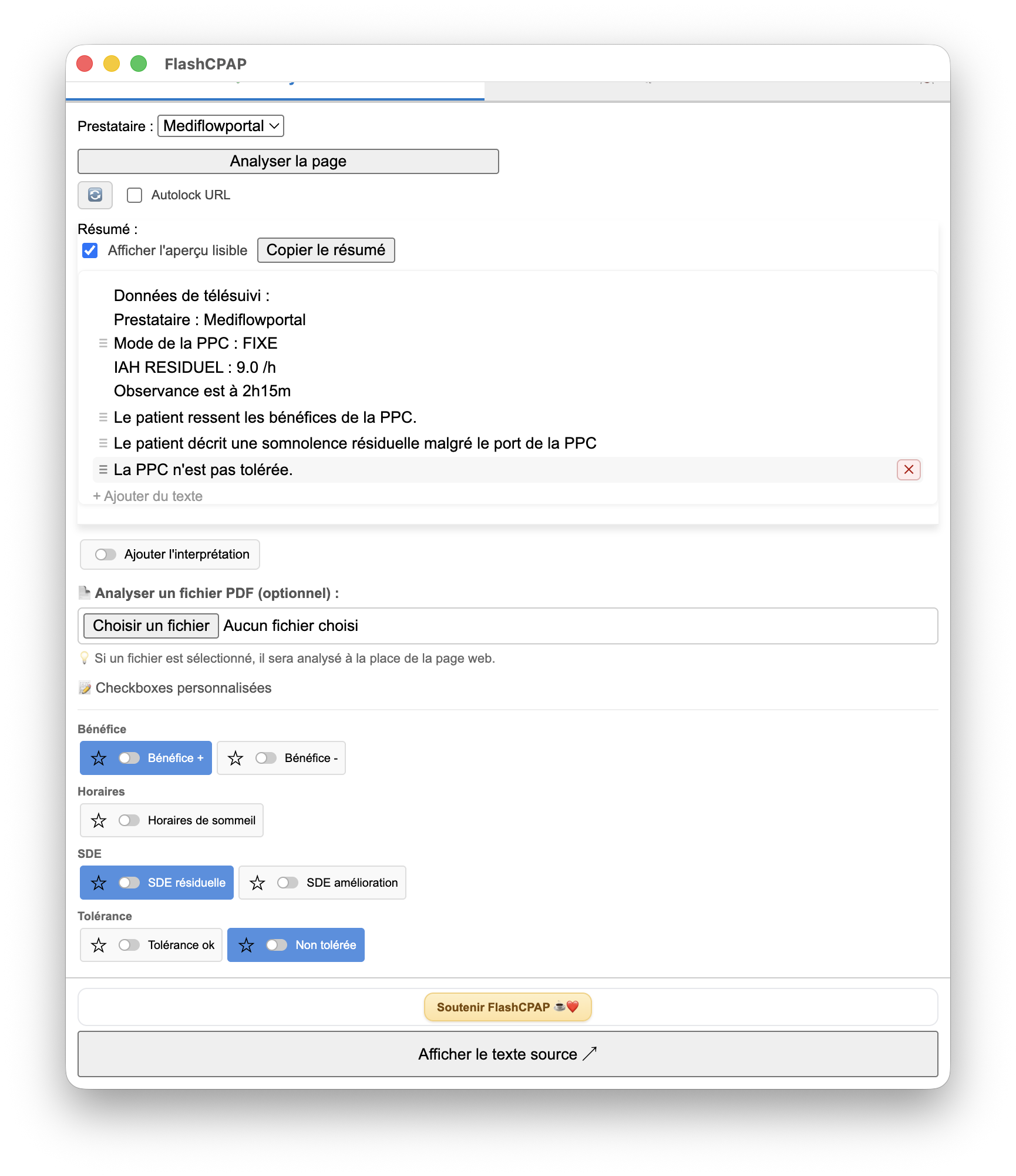 Image 3 — Test des checkboxes dans l'onglet Analyse